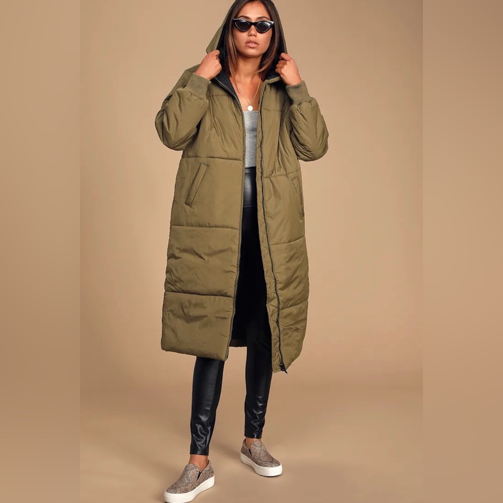 RVCA Camper Jacket Olive Green Long Hooded Puffer Coat Polyester Size M